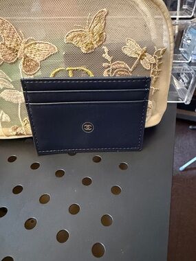 CHANEL Navy Leather Card Case with Gold CC Emblem. Authentic